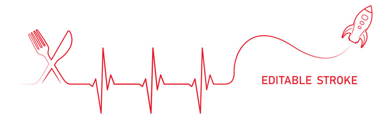 Editable lines heart rhythm illustration with fork, knife, rocket spaceship. Heartbeat line art vector design to use for healthcare, weight loss, healthy lifestyle, healthy food, dieting projects. 