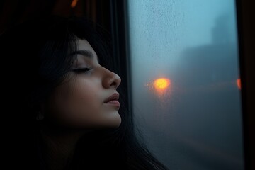Woman with closed eyes leans against a rainy window, reflecting dim lights in the misty dark