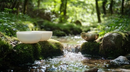 A sound healing session in a forest glade, where crystal singing bowls, bells, and soft chanting fill the air