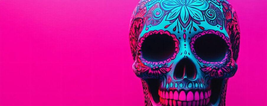 Bright glowing sugar skull with intricate patterns, neon green and magenta hues.