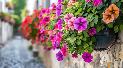 Fototapeta premium Colorful petunias in hanging basket on a street in the city