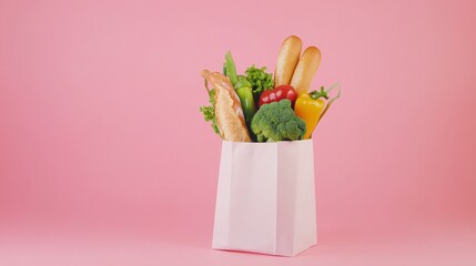 eco-friendly paper grocery bag, overflowing fresh produce, vibrant vegetables, baguette, pink background, sustainable shopping, organic food, zero waste lifestyle, soft lighting, environmental