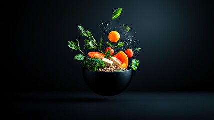 Vibrant ingredients floating above a bowl, showcasing freshness and culinary creativity.