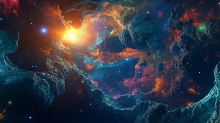 Vibrant Interstellar Nebula with Glowing Stars and Colorful Cosmic Clouds
