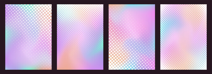 Y2k aura backgrounds with white halftone texture pattern, retro techno backdrops and cards with gradient mesh. Vector illustration.