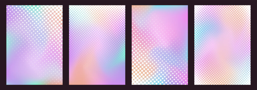Y2k aura backgrounds with white halftone texture pattern, retro techno backdrops and cards with gradient mesh. Vector illustration.