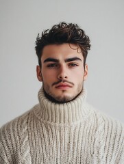 Obraz premium Model man in a fashionable turtleneck sweater on a white background.