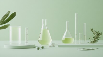 olive-based skincare ingredients, chemistry beakers and flasks, minimalist product display, soft green palette, natural beauty science, glass petri dishes, botanical extract analysis