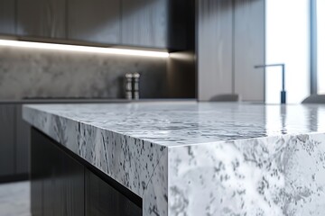 Close up of marble countertop in modern kitchen interior