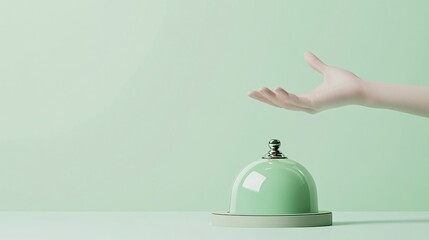 sustainable consumerism visual, hovering hand above emerald service bell, soft green color scheme, eco-conscious branding, simple elegance, responsible purchasing decisions