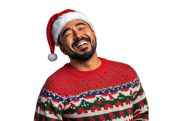 Laughing Hispanic man wearing Christmas sweater and Santa hat isolated on a transparent background