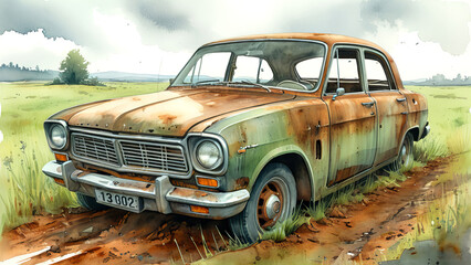 Rusting Relic: A forgotten vintage car, covered in rust and overgrown with weeds, stands abandoned in a field. A weathered classic car. Watercolor Illustration. Drawing. Art. 4