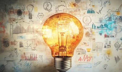 Glowing light bulb on a wall with charts and graphs, symbolizing new ideas and creative solutions.