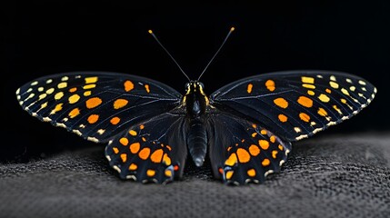 Fototapeta premium A butterfly with orange and black patterned wings, wings spread out on a dark background
