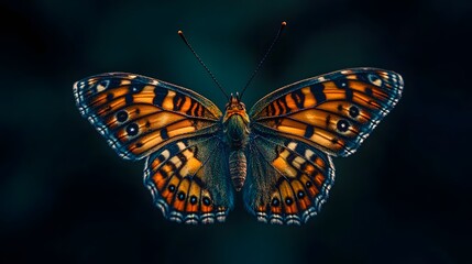 Fototapeta premium A butterfly with orange and black patterned wings, wings spread out on a dark background