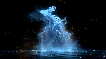 Watercolor 3D render of a glowing splash of water, suspended against a black background