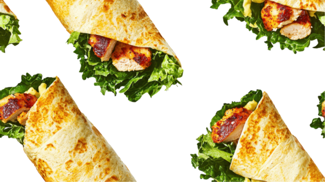 A vibrant image of chicken wraps filled with fresh lettuce, showcasing a delicious meal ideal for healthy eating. transparent background