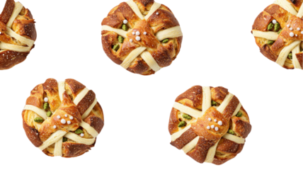 Five beautifully arranged sweet buns, each with a cross design, showcasing a golden crust and colorful toppings on a white background. transparent background
