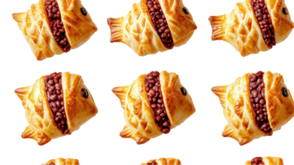 A pattern of pastry fish filled with sweet red bean paste, set against a contrasting white background. transparent background