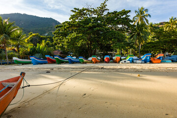 Fototapeta premium Boats colorful on the coast of Sao Paulo on a beach in Ilhabela island in the sand with grass, boat highlighted in Brazil coast
