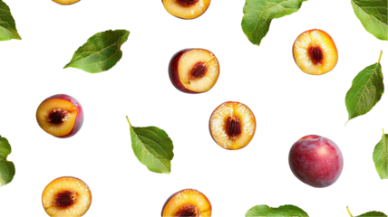 Fresh peaches and green leaves scattered on a white background create a vibrant and appetizing composition. transparent background