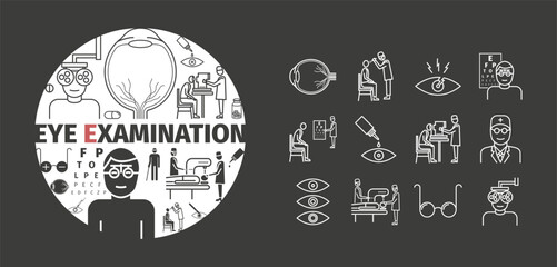 Ophthalmology icon. Eye Examination, Vision Correction, Ophthalmic Surgery. Cataract Surgery and Retina Scan. Eye checkup.