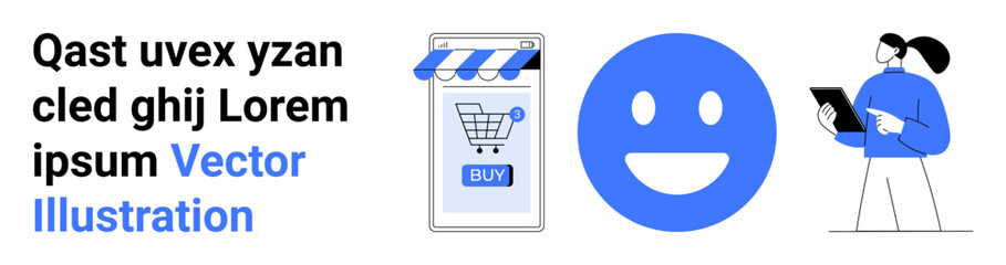 Mobile screen with shopping cart icon, large happy face, and a person holding a tablet. Ideal for e-commerce, customer satisfaction, digital communication, online shopping, user experience. Banner