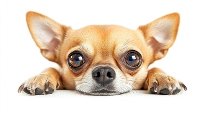 Fototapeta premium A close-up of a Chihuahua resting its head on a surface, looking curiously at the viewer.