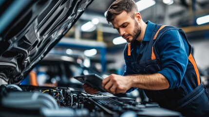 A car mechanic or service manager is using an advanced computer to run interactive diagnostic software. A specialist examines the car to look for errors in the data logs and damaged parts.