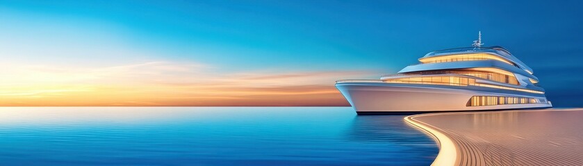 Fototapeta premium Luxurious yacht at sunset gliding over calm waters, showcasing elegance and tranquility in a stunning seascape.