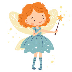 Flat vector illustration in children's style. Cute fairy princess with magic wand on white background . Vector illustration
