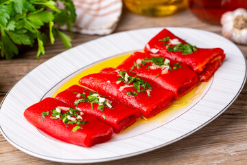 Roasted Pepper Salad Appetizer, Turkish appetizer, (Turkish name; sirkeli koz kirmizi biber mezesi)