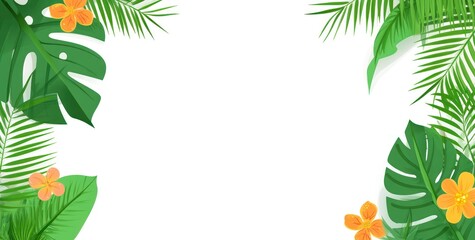 Tropical leaves and flowers frame a blank space, ideal for invitations or announcements.