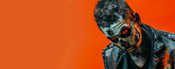 "Zombie with glowing red eyes in leather jacket on orange background. Halloween horror and costume concept with copy space for banner or design."