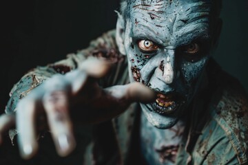"Close-up of scary zombie reaching forward with glowing eyes. Horror and Halloween concept for poster or design."