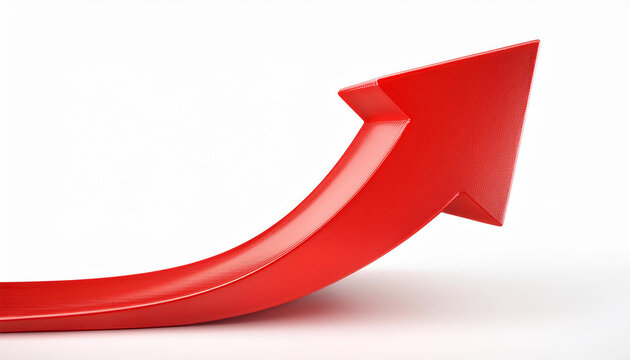 Red glossy arrow pointing upwards isolated on white background. Direction guide.