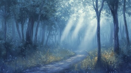 Obraz premium A serene forest path illuminated by soft light, inviting exploration and tranquility.