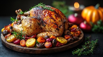 Roasted chicken with mushrooms, cherry tomatoes, potatoes, and fresh herbs in a black dish Generative AI