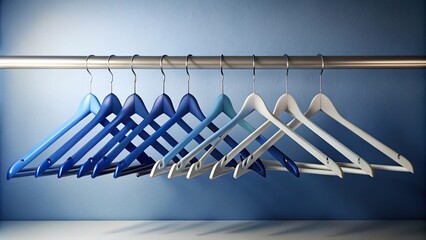 Gradient from white to dark blue clothes hanging on asymmetrical hangers in cabinet