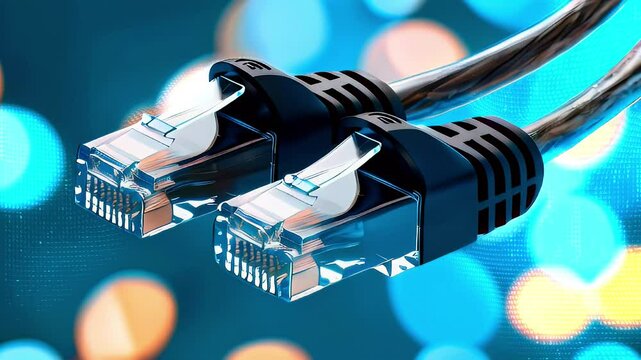 Close-up of two ethernet cables with blue and orange bokeh background.