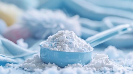 Detergent powder in measuring spoon and colorful clothes