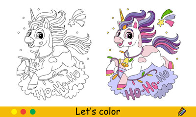 Kids Christmas coloring cute unicorn on a cloud vector