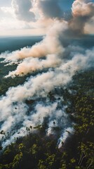 Fototapeta premium Aerial view of smoke rising from a burning rainforest, with dense trees in the background