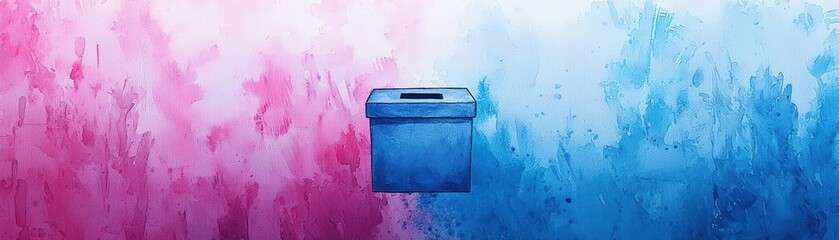 A colorful background featuring blue and pink hues with a ballot box, symbolizing voting and democratic participation.