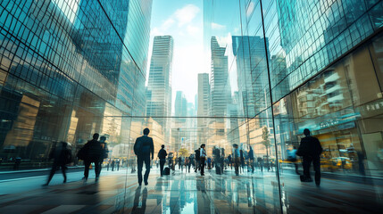 Office workers walking between tall buildings in the city