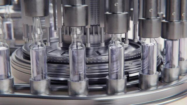 Drug manufacturing process. Line with medical ampoules line at a modern pharmaceutical plant. Pharmacology production, medicine industry from laboratory factory, pharmacy. Healthcare pharma 3D render