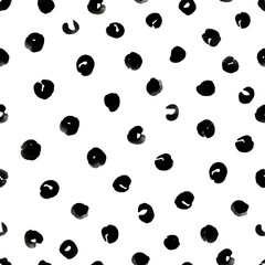 Watercolor seamless pattern with black Polka Dots isolated on white background