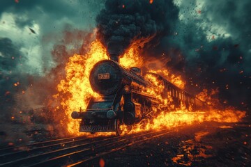 A Fiery Encounter: A Steam Locomotive Engulfed in Flames on the Tracks