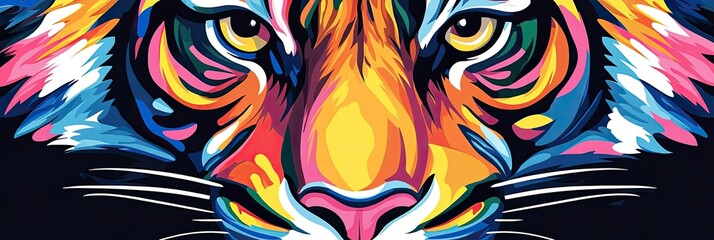 A colorful, abstract tiger face with exaggerated features in a Pop art aesthetic