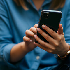 A person in a blue shirt holding and typing on a smartphone with both hands.